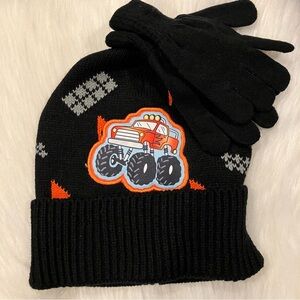 NEW Boys Black & Orange Monster Truck Knit Beanie Hat and Gloves Set